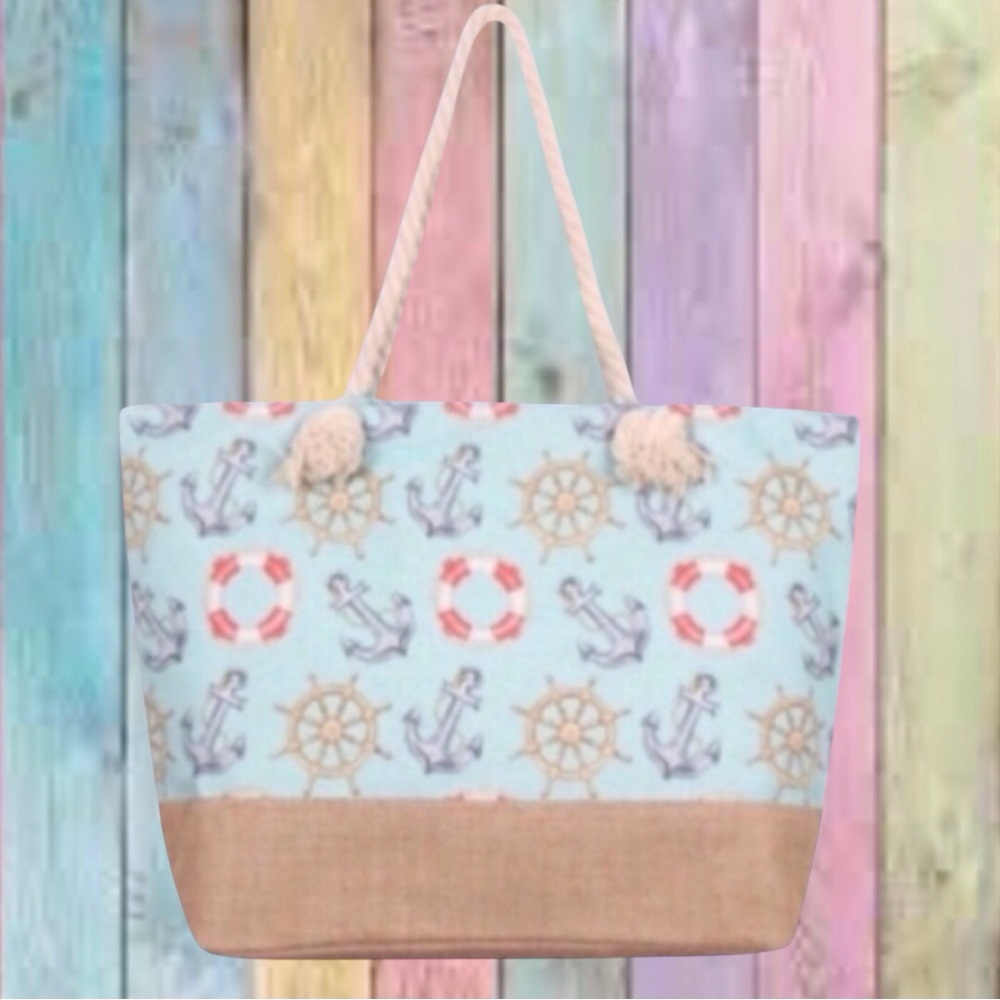 Alfa Blue Anchor Print Zipper Closure Beach Tote Bag NWT